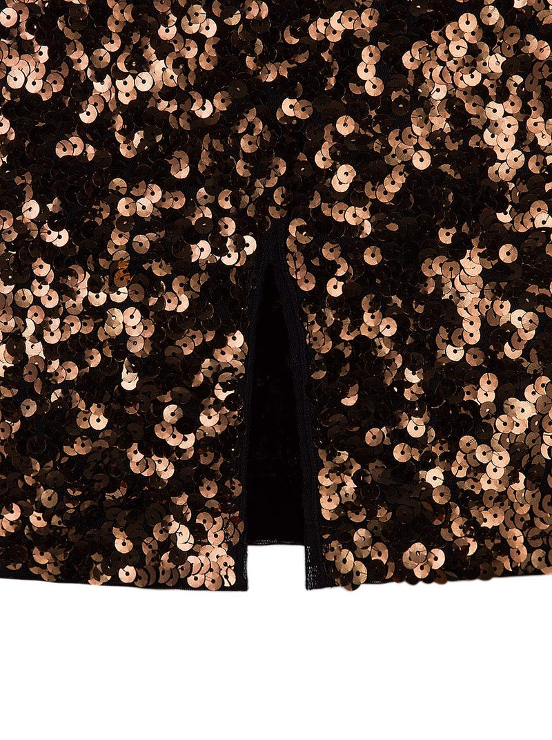 Vijiv Womens Elegant Stretchy High Waist Sequin Pencil Skirt Midi Sparkle Glitter Bridesmaid Skirts Party Gold XX-Large - Image 3